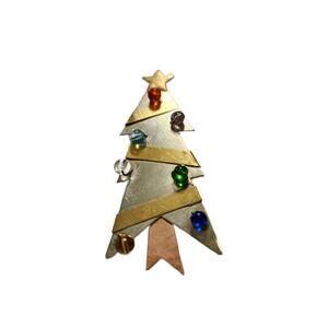 Vintage Mixed Metal Christmas Tree Brooch Pin with Beaded Ornaments, 2.5" L